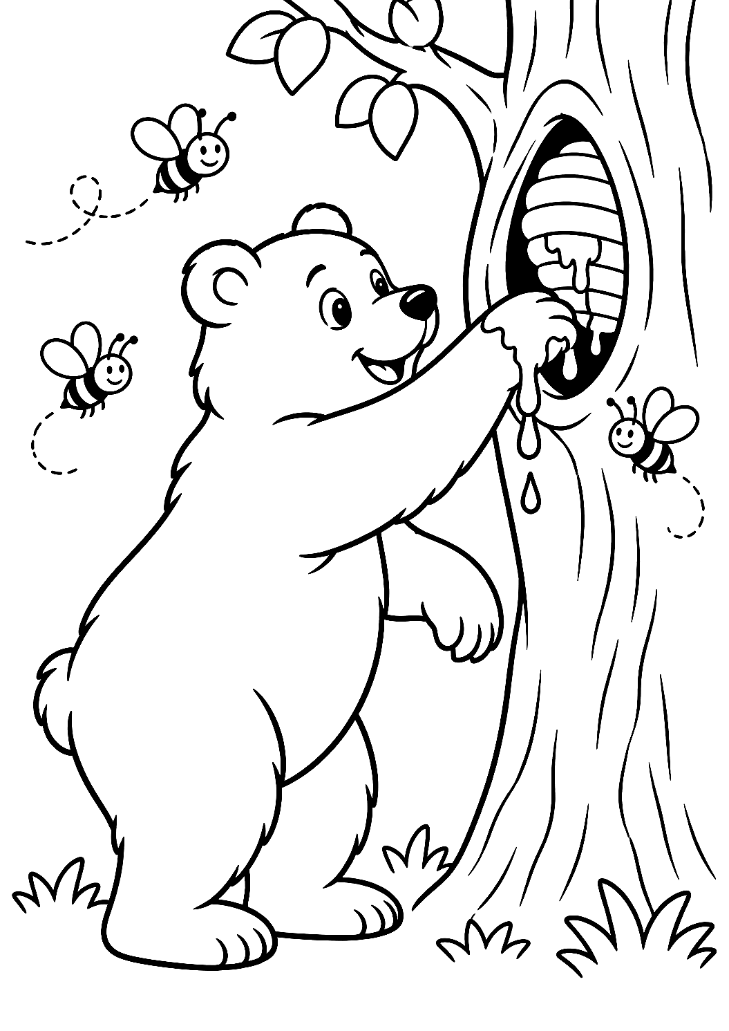 L'ours récolte du miel à la ruche à colorier – coloriage à imprimer