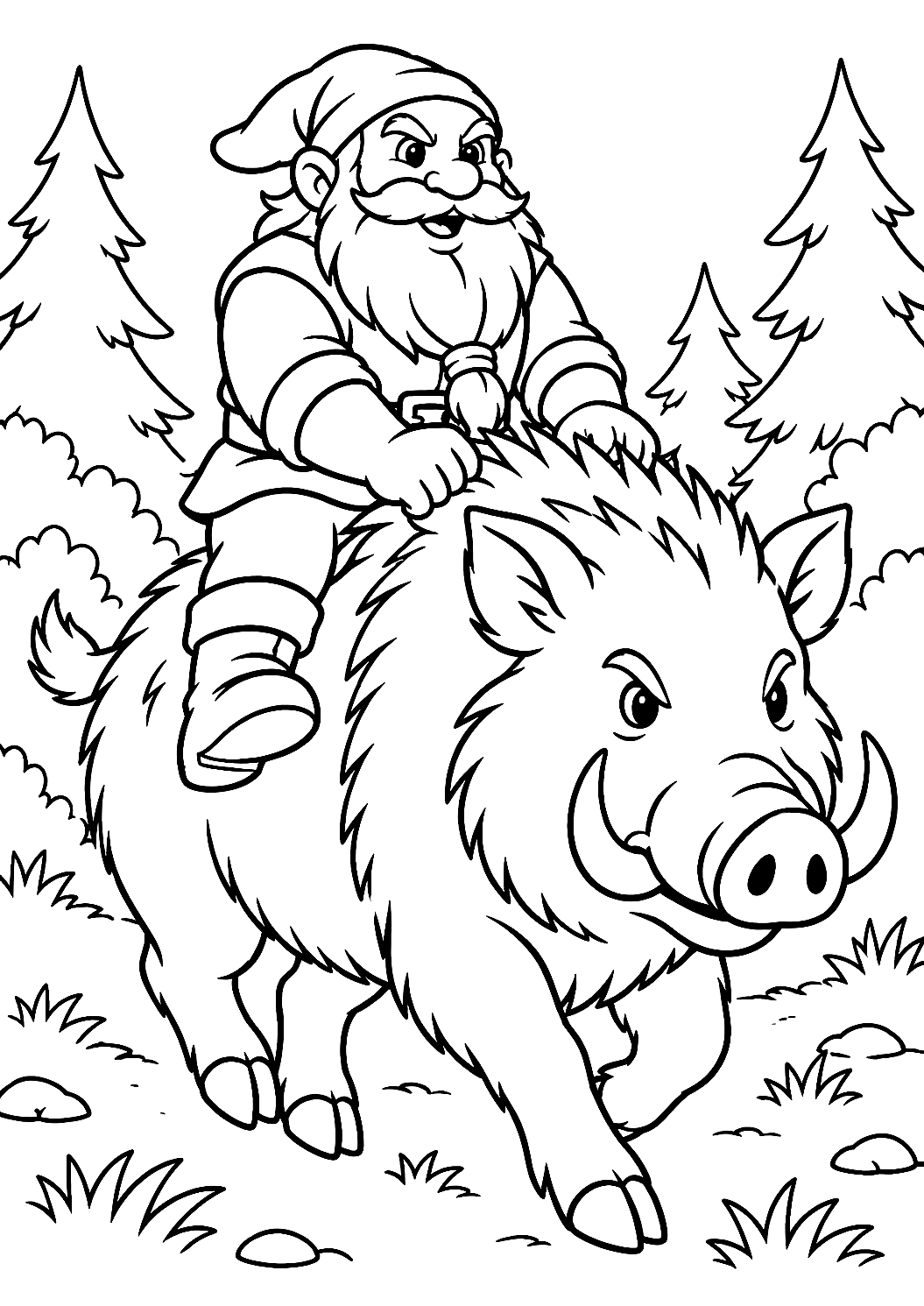 Gnomo Montando un Jabalí para Colorear – dibujo para colorear e imprimir