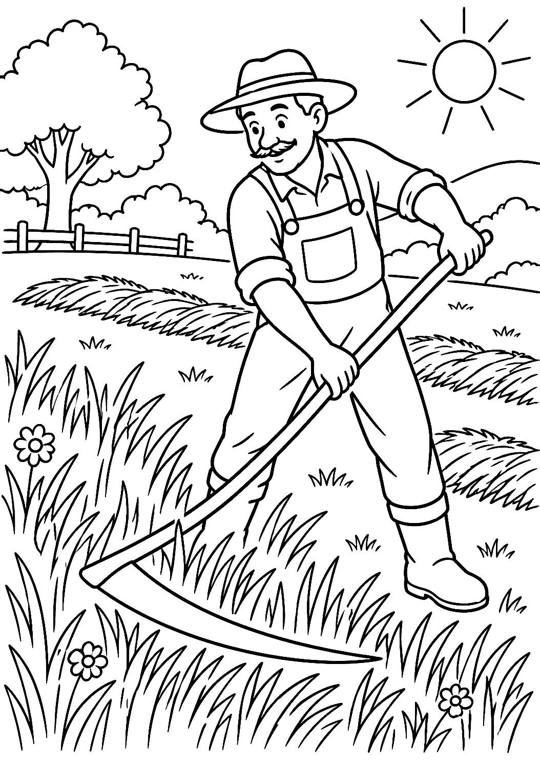 Farmer Mowing the Meadow with a Scythe Coloring Page – printable coloring page