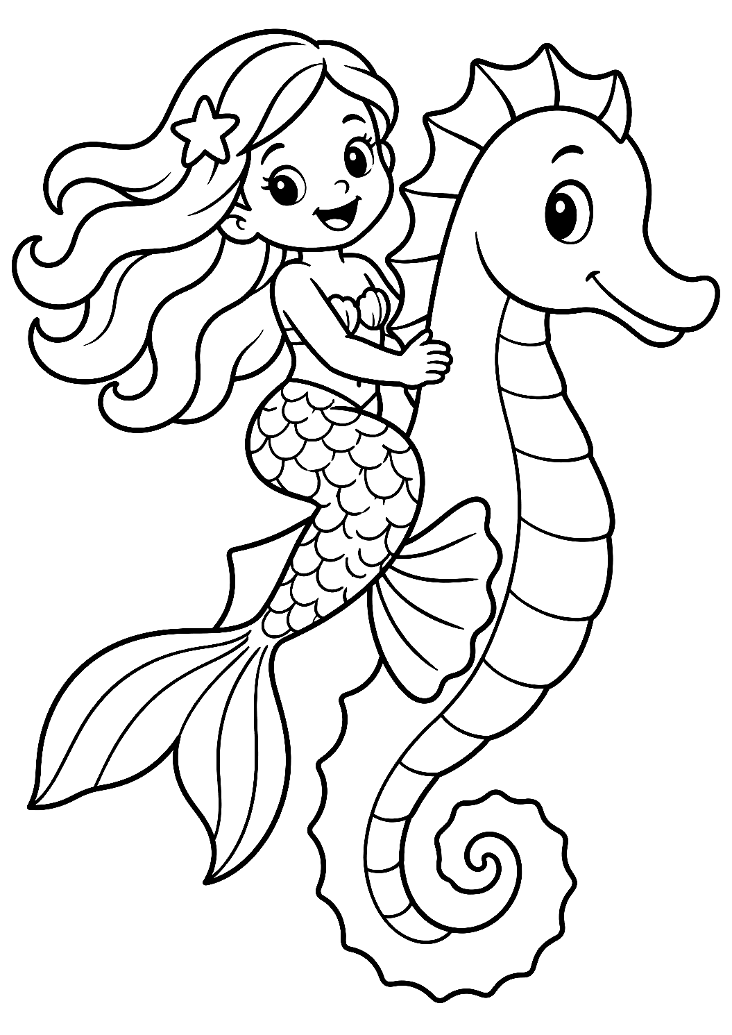 Sirena in sella a un cavalluccio marino da colorare – disegno da colorare da stampare