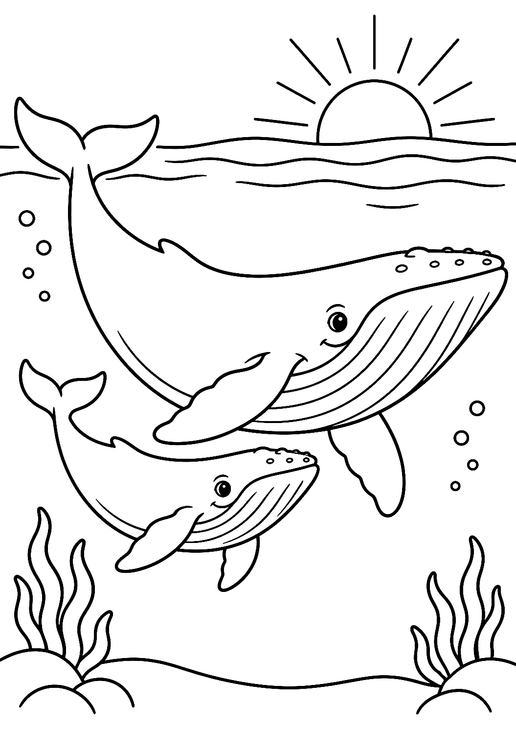 朝の光の中を泳ぐクジラの家族のぬりえ – 印刷用ぬりえ