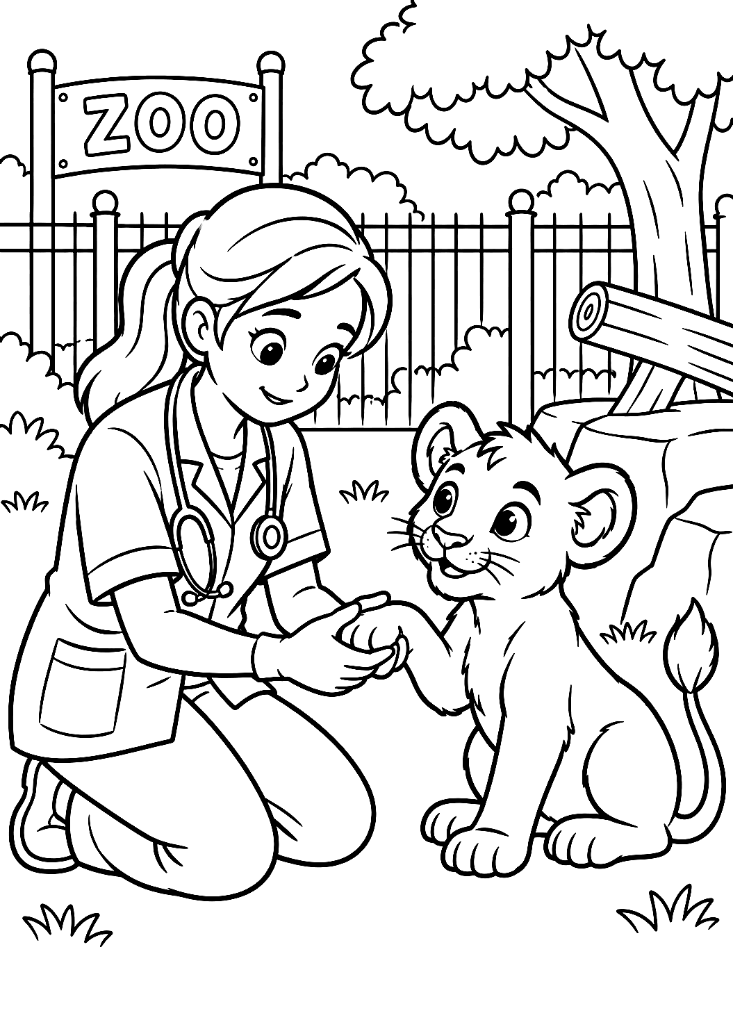 Weterynarka w zoo podczas badania małego lwa jako kolorowanka – kolorowanka do druku