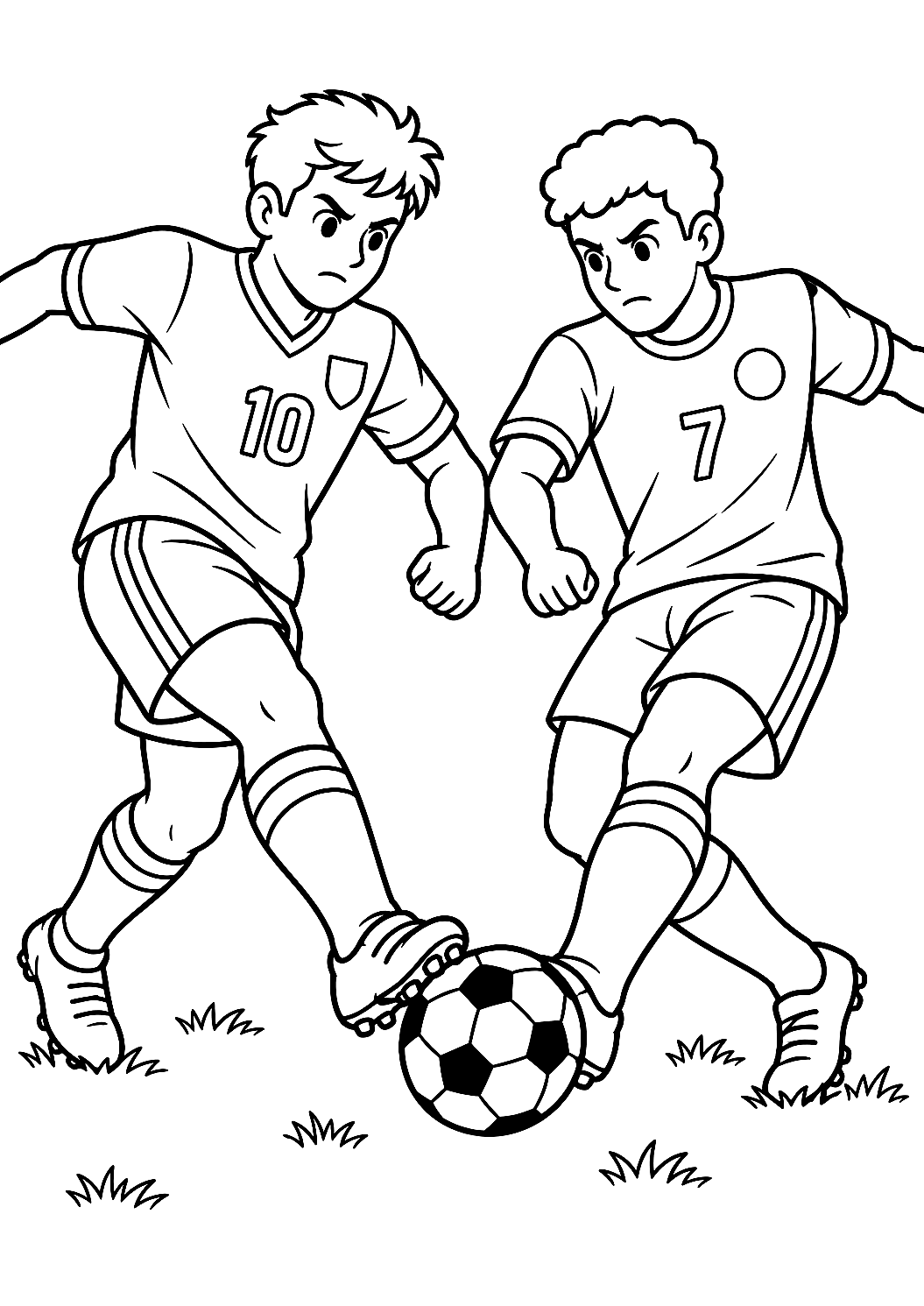 Fotbollsspelare i en duell om bollen som målarbild – målarbild att skriva ut