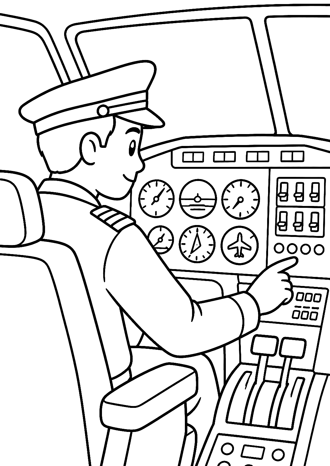 Pilot der tjekker instrumenterne i cockpittet som malebillede – malebog til udskrivning