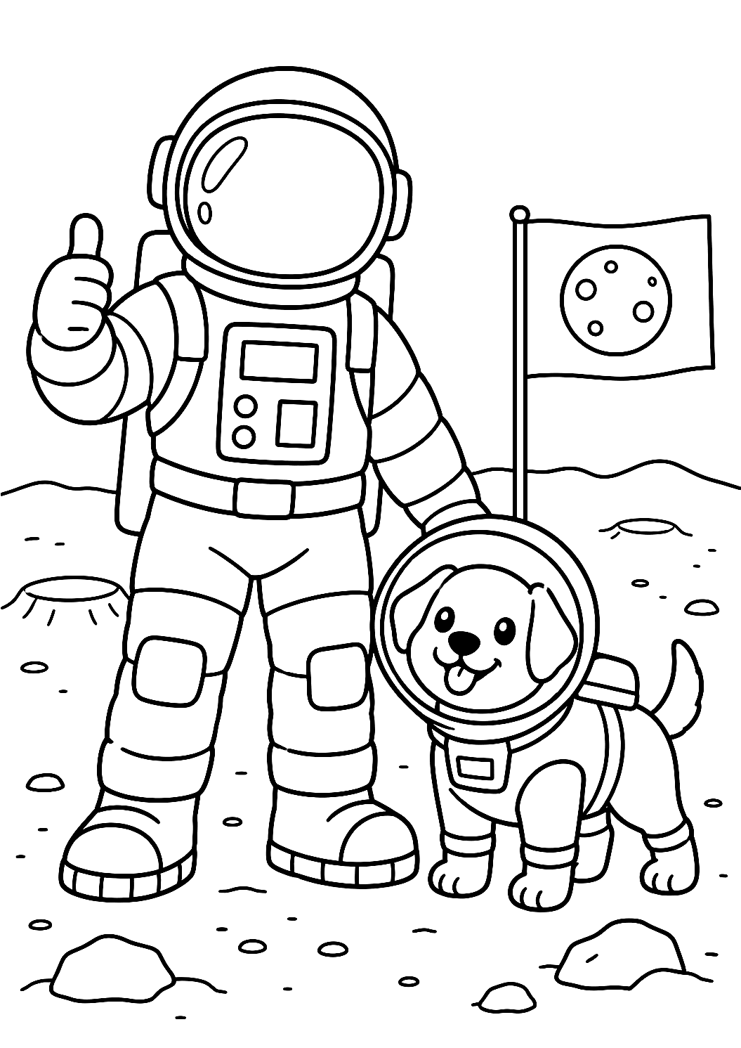 Astronaut met hond in ruimtepak als kleurplaat – kleurplaat om af te drukken