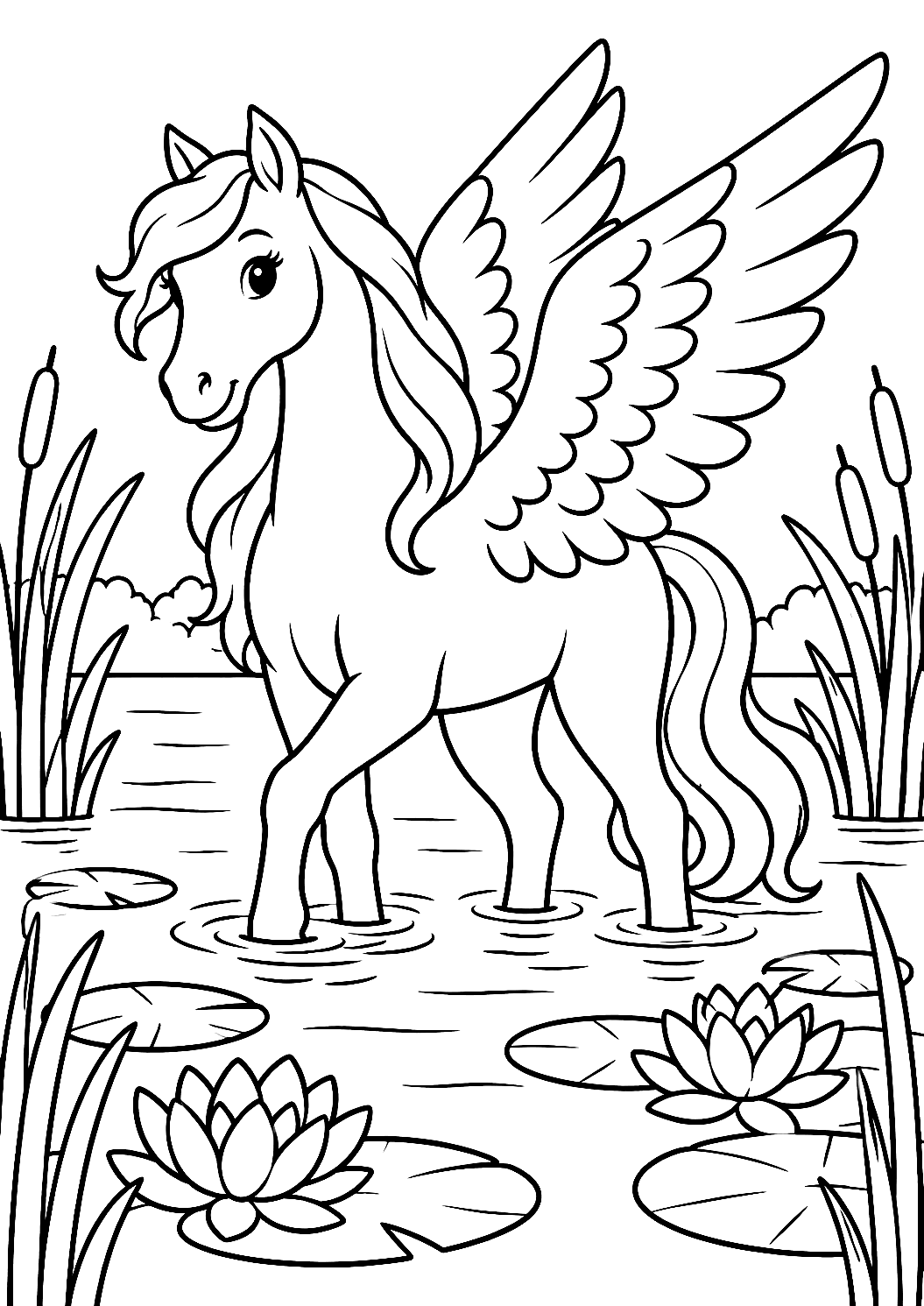 Pégase se Baignant dans le Lac Cristallin à Colorier – coloriage à imprimer