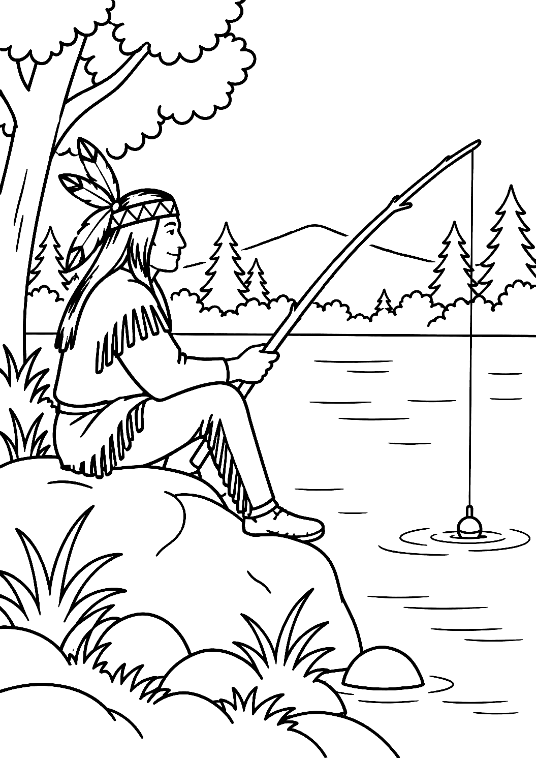 Coloriage d'un Enfant Amérindien en Train de Pêcher au Bord du Lac – coloriage à imprimer