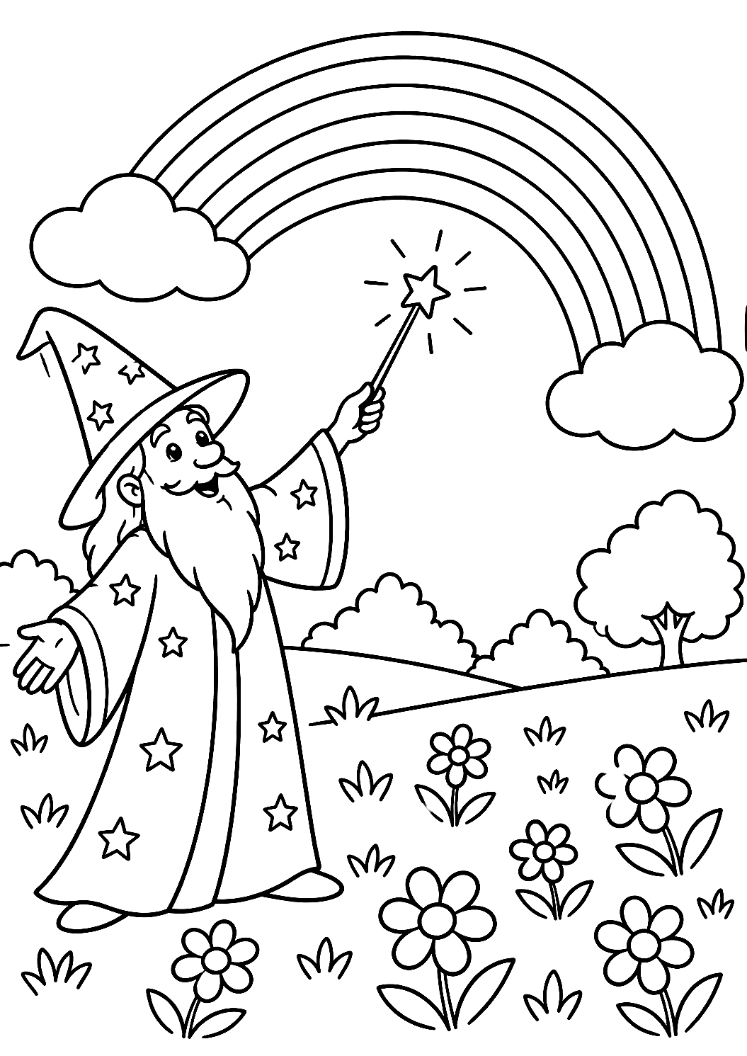 Il Mago Incanta un Arcobaleno da Colorare – disegno da colorare da stampare