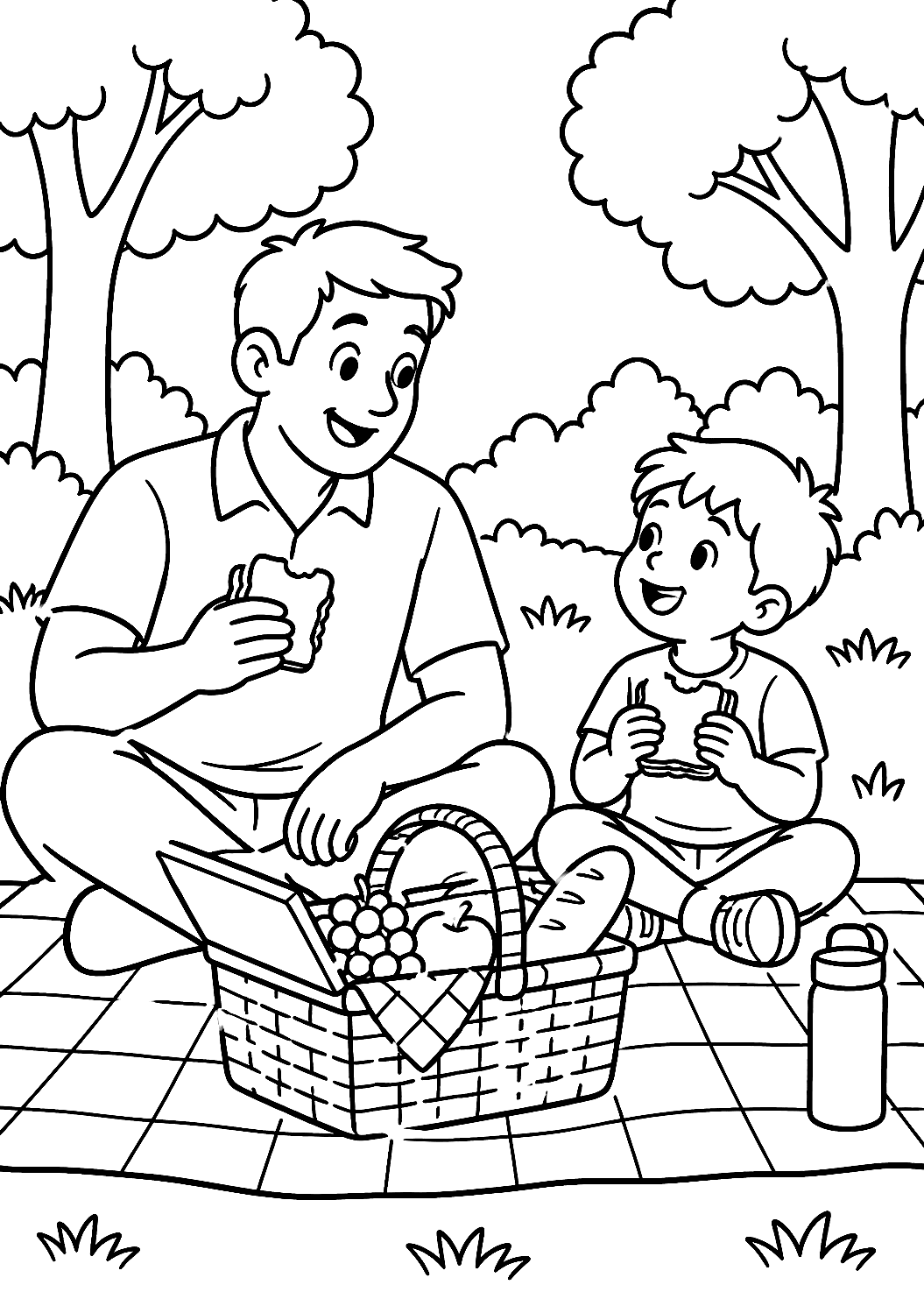 Vader en kind picknicken in het park als kleurplaat – kleurplaat om af te drukken