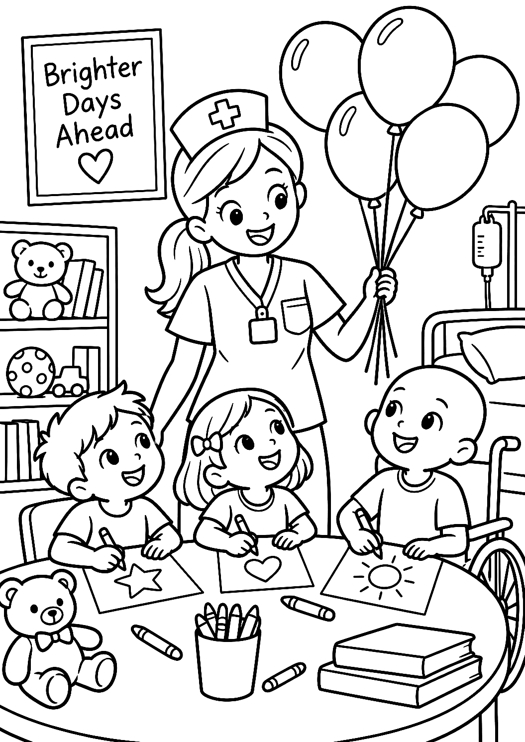 Krankenschwester mit Luftballons auf der Kinderstation als Malvorlage – Ausmalbild zum Ausdrucken