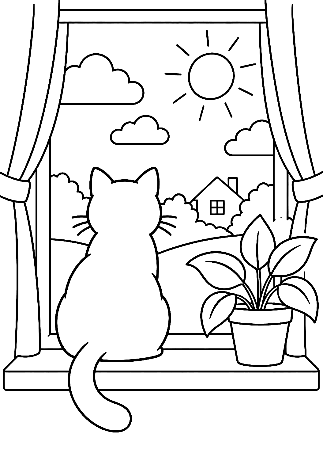窓辺のねこの ぬりえ – 印刷用ぬりえ