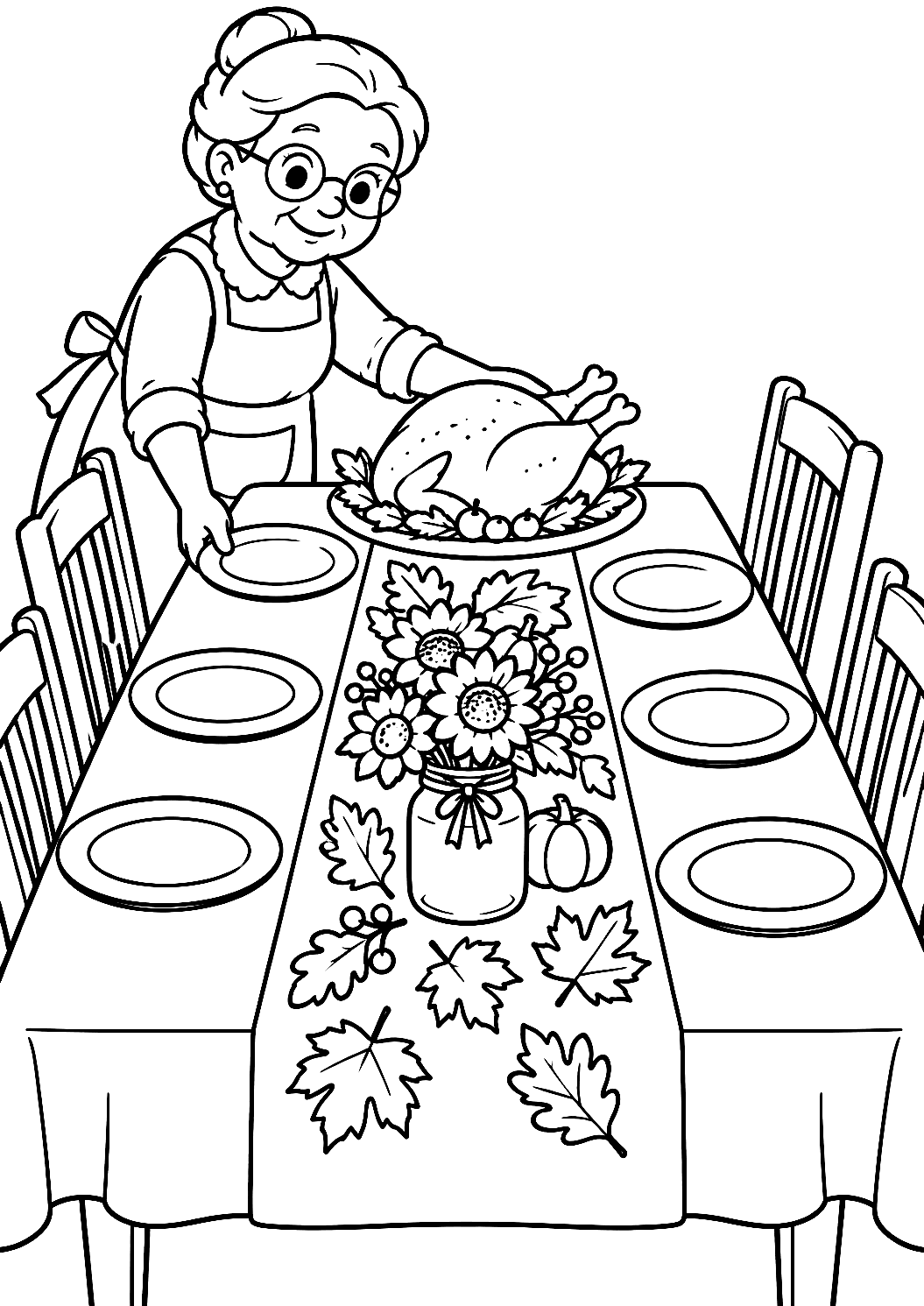 A Avó Põe a Mesa de Ação de Graças para Colorir – desenho para colorir para imprimir