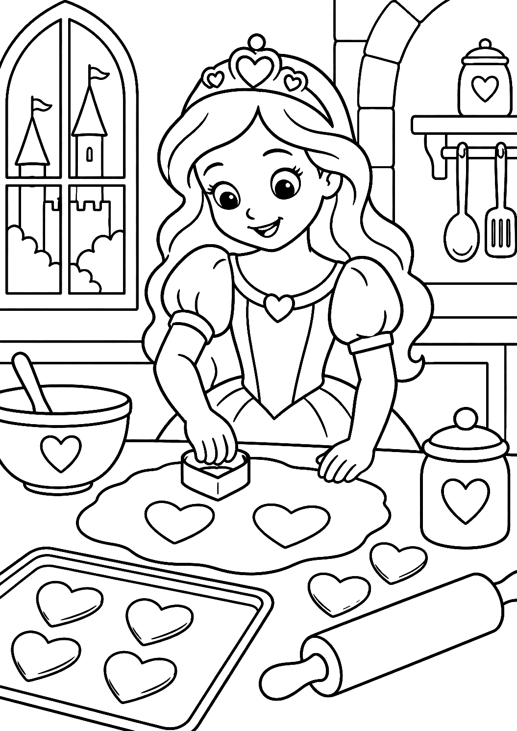 Prinses bakt koekjes als kleurplaat – kleurplaat om af te drukken
