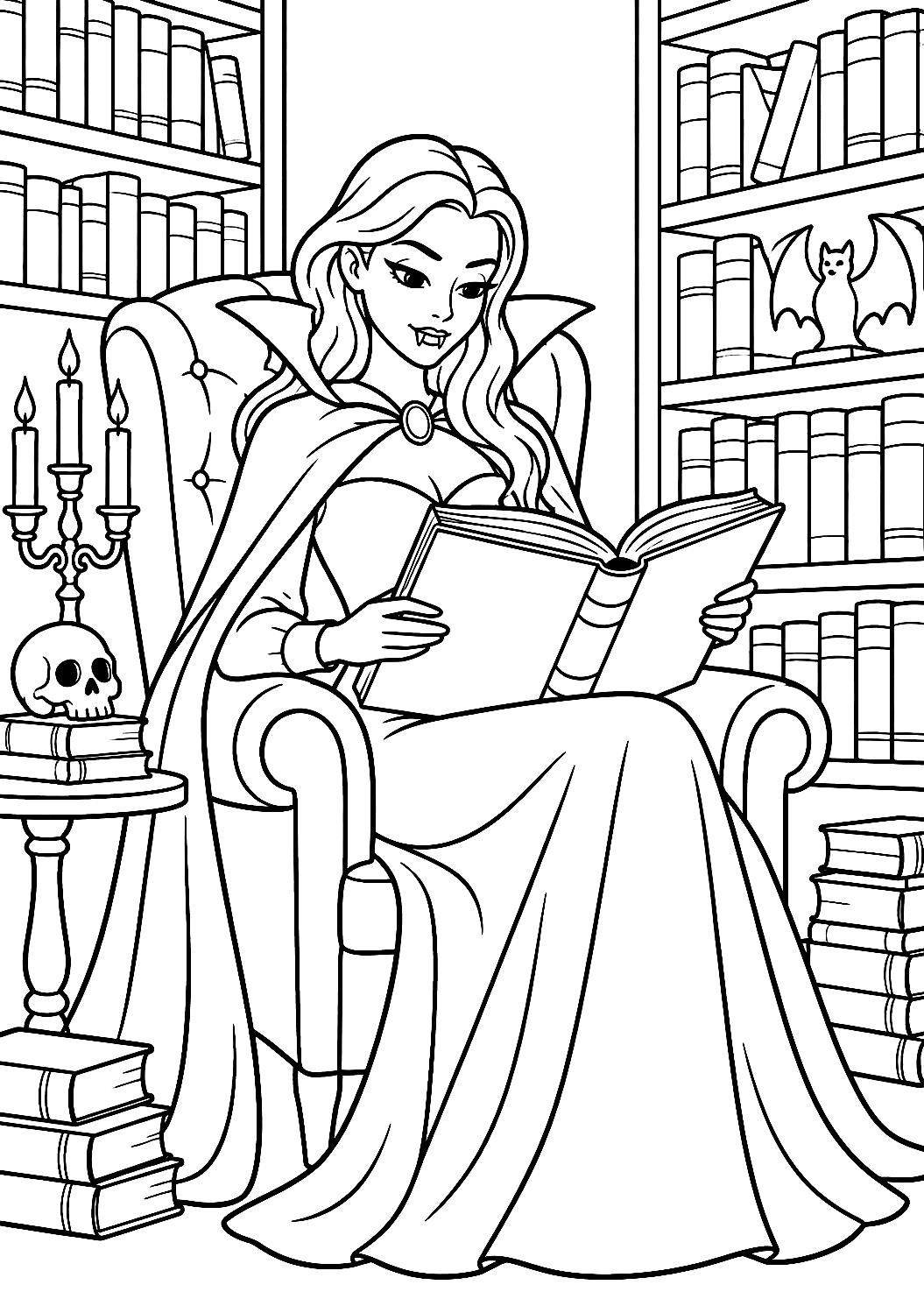 Petite Vampire Lisant un Livre à la Bibliothèque à Colorier – coloriage à imprimer
