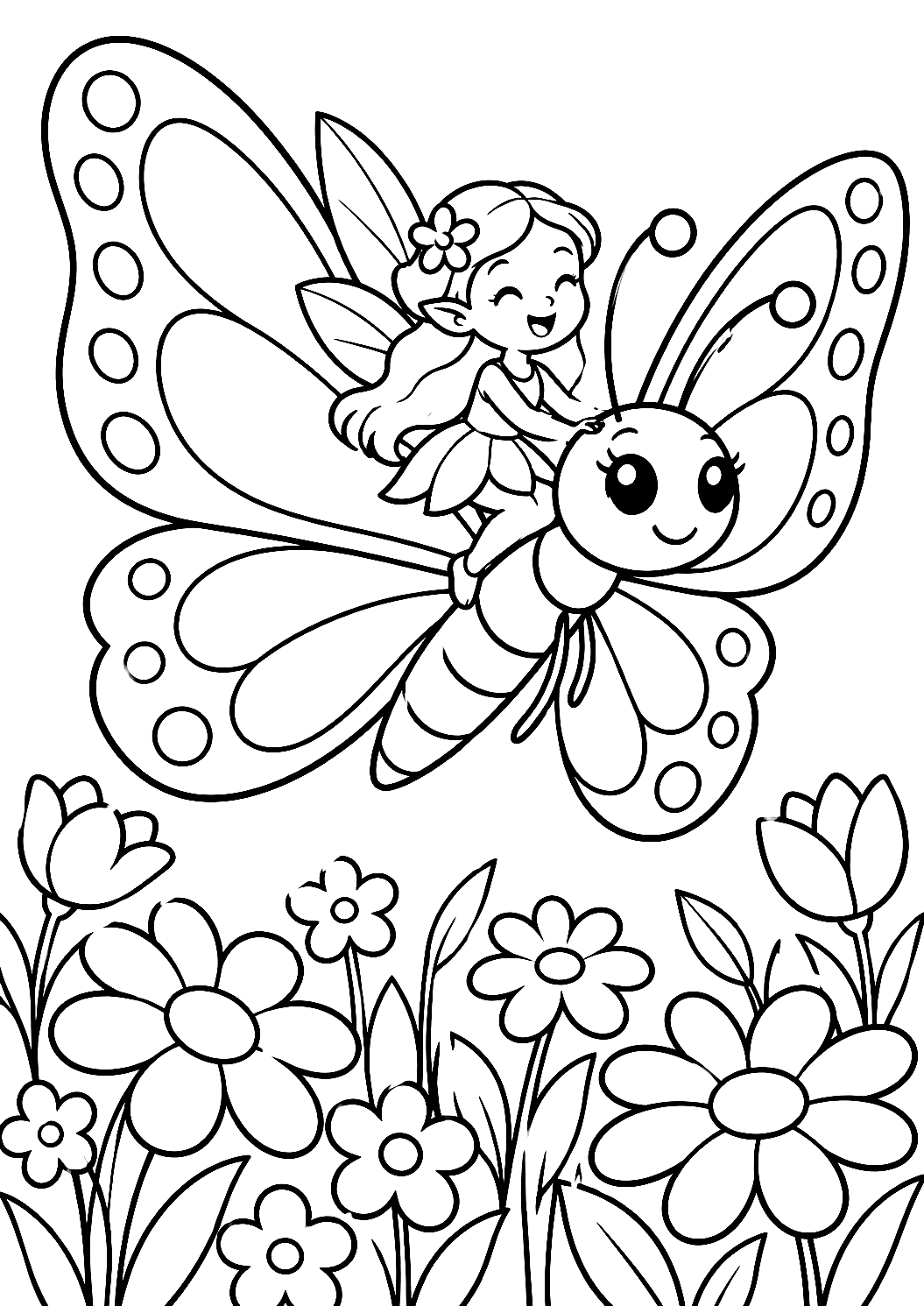 Fada Monta numa Borboleta Sobre um Campo de Flores para Colorir – desenho para colorir para imprimir