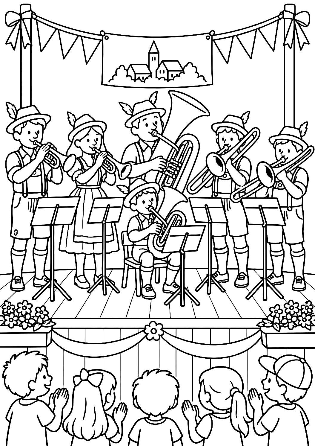 Brass Band at the Village Fair Coloring Page – printable coloring page