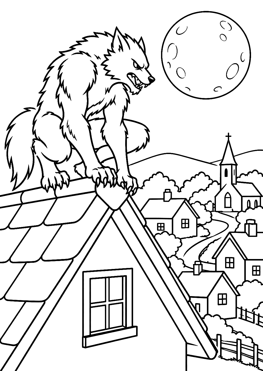 Werewolf on a House Roof Coloring Page – printable coloring page