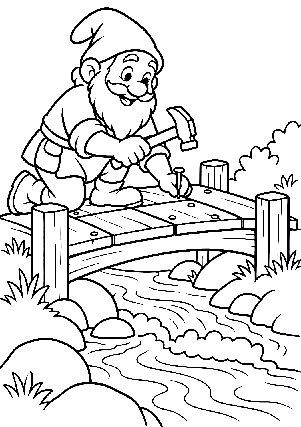 Anão a construir uma ponte para colorir – desenho para colorir para imprimir