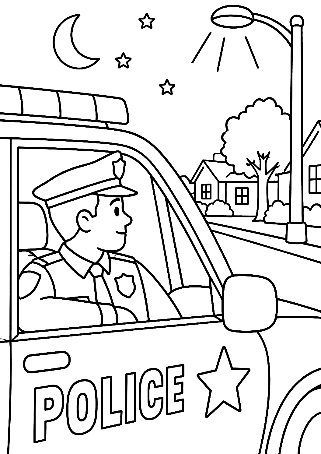 Politimann i politibil om natten som fargeleggingsark – fargeleggingsark for utskrift
