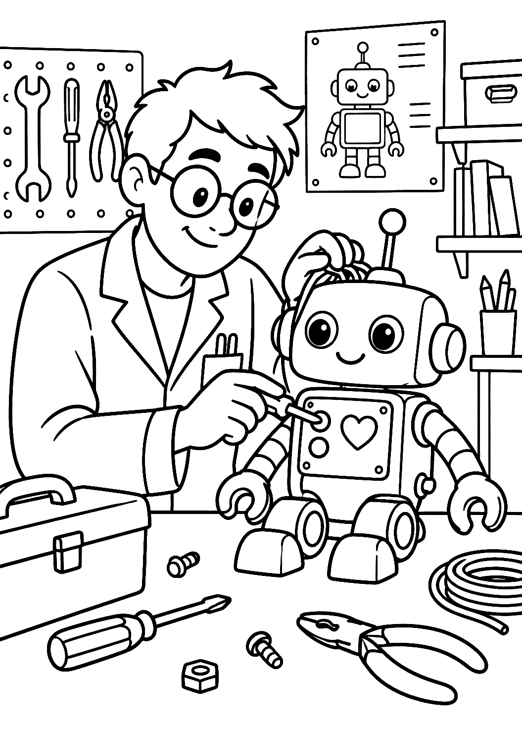 Ingegnera Robotica che Programma un Piccolo Robot da Colorare – disegno da colorare da stampare