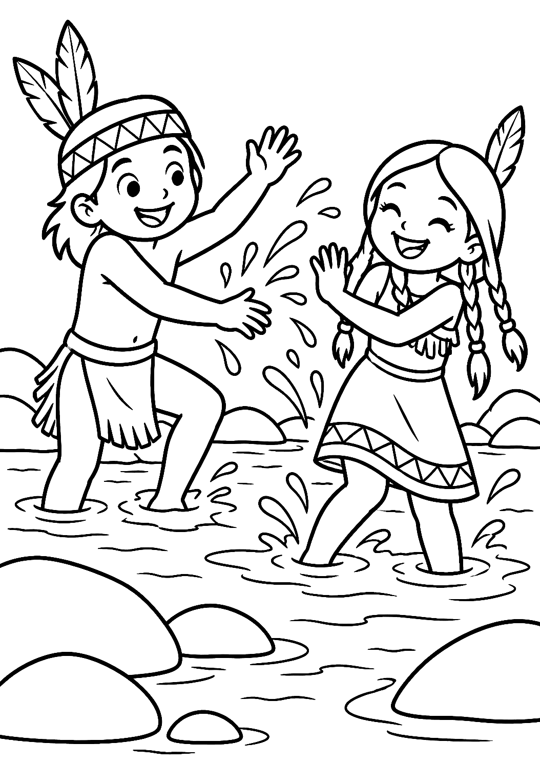 川で遊ぶインディアンの子どもたち ぬりえ – 印刷用ぬりえ