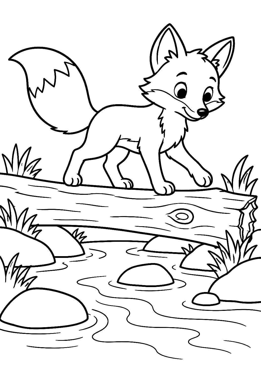 Fox Balancing on a Fallen Tree Trunk Coloring Page – printable coloring page