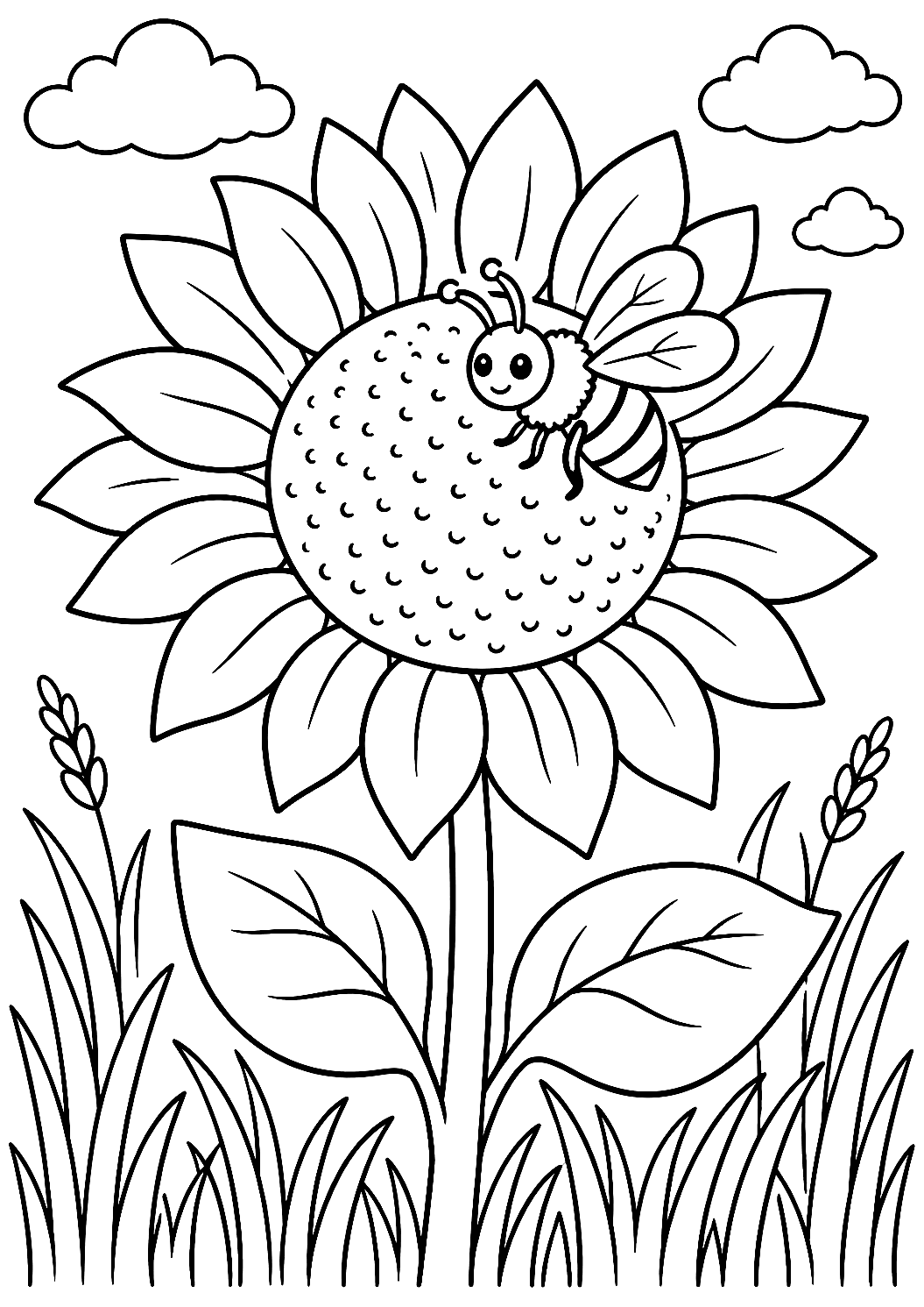 Bee on a Sunflower in Summer Coloring Page – printable coloring page