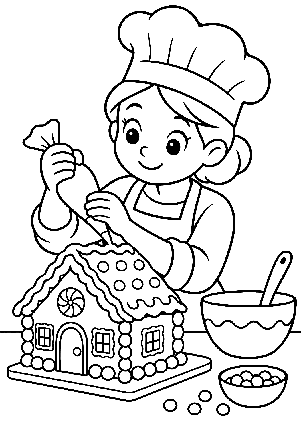 Baker Decorating a Gingerbread House Coloring Page – printable coloring page