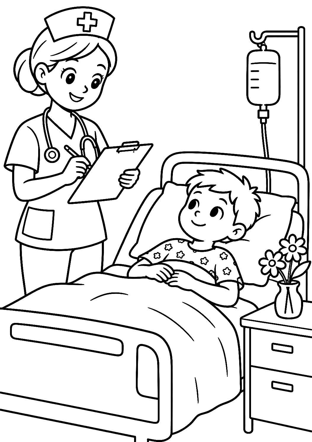 ممرضة تدوّن ملاحظات في ملف المريض صفحة تلوين – صفحة تلوين قابلة للطباعة