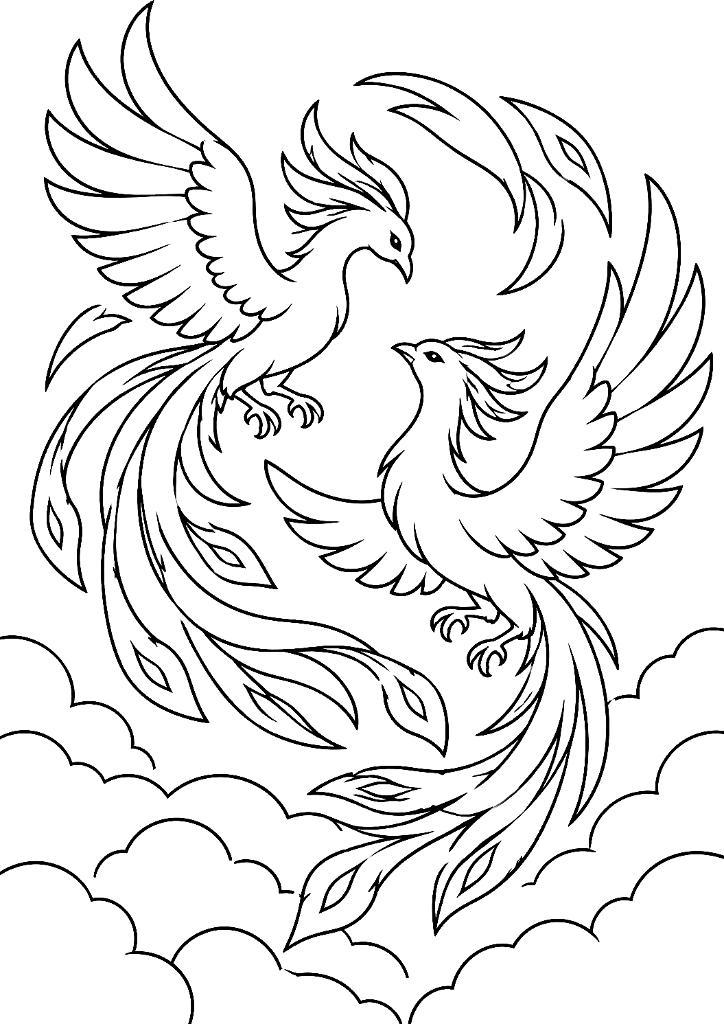 Deux phénix dansant dans le ciel à colorier – coloriage à imprimer