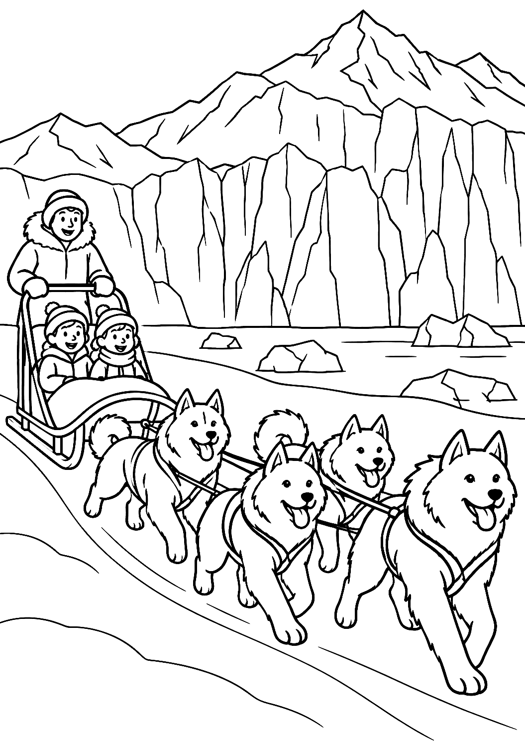 Sled Dogs in Front of the Glacier Coloring Page – printable coloring page