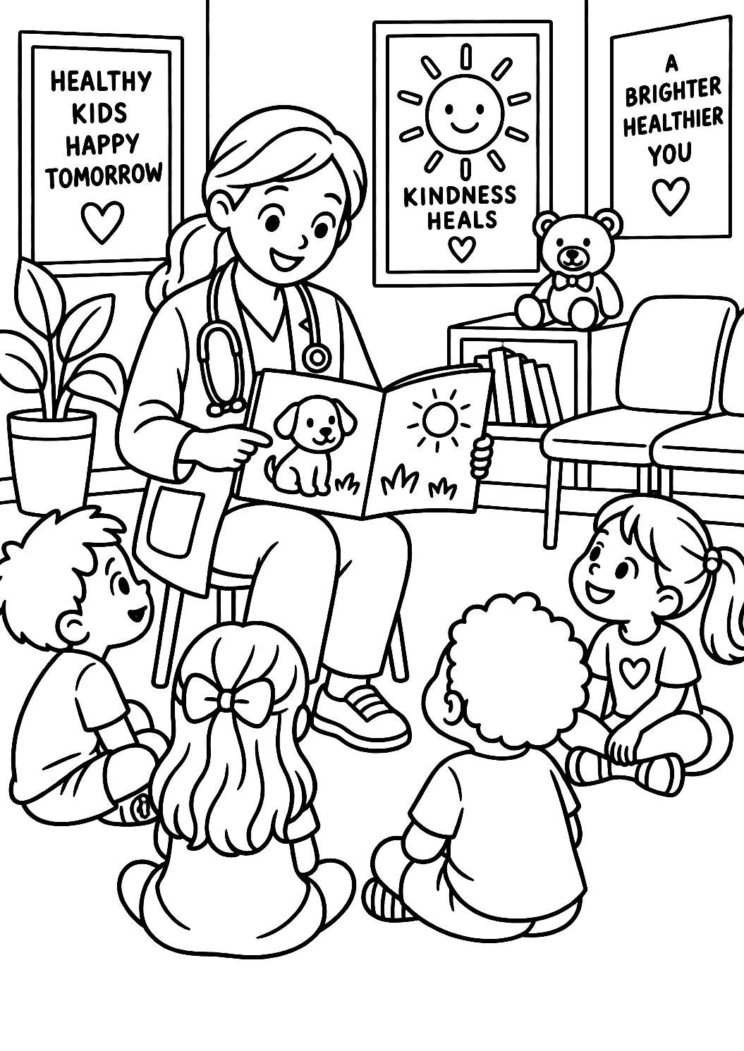 Médico na sala de espera com um livro de imagens para colorir – desenho para colorir para imprimir