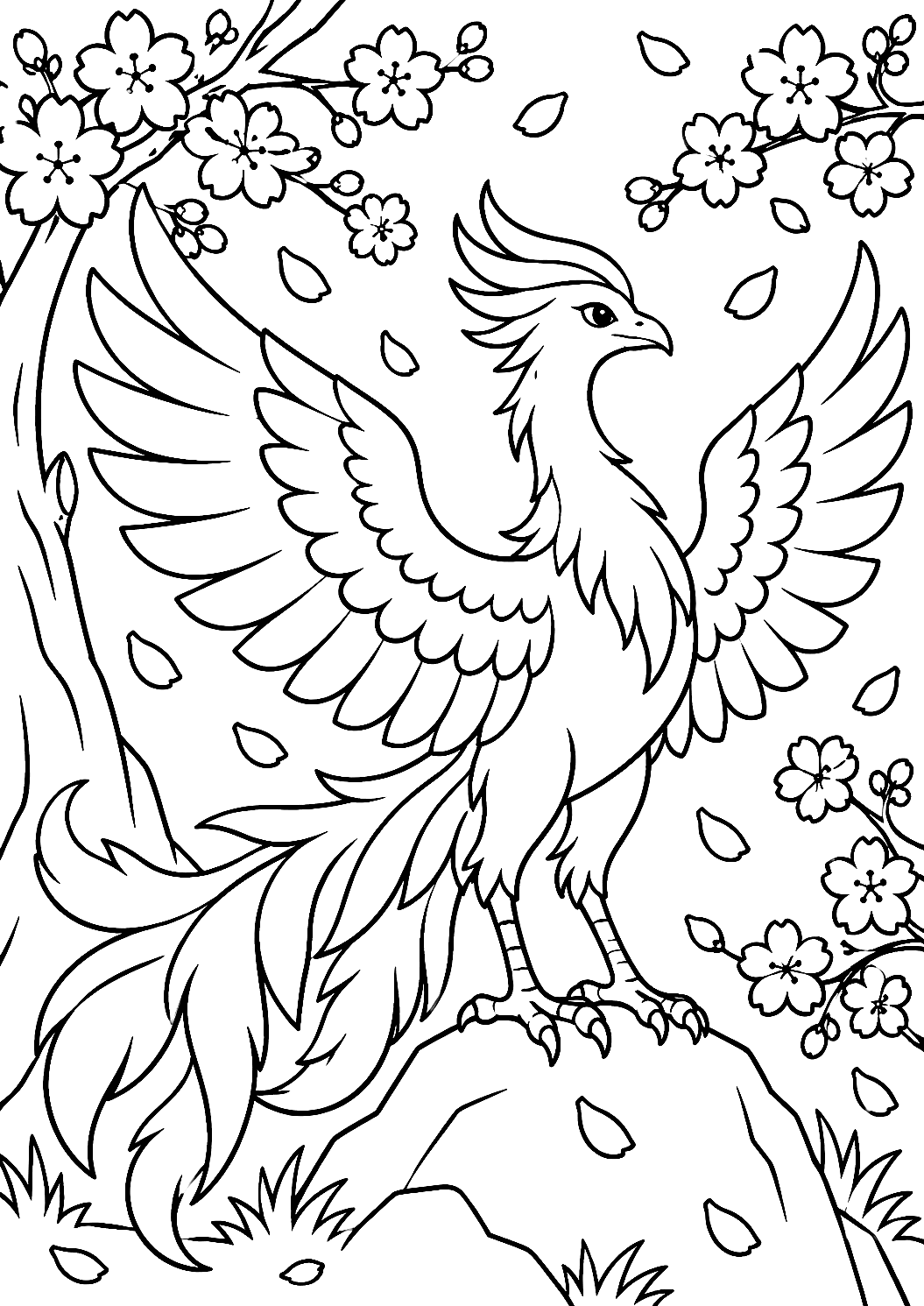 Phénix dans le Jardin de Printemps à Colorier – coloriage à imprimer
