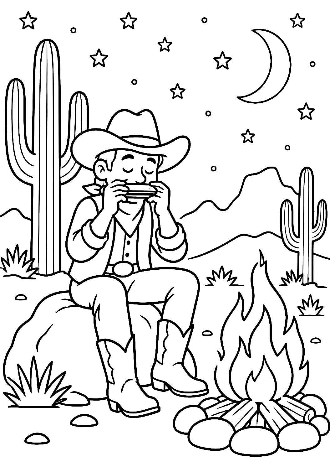 Tocador de gaita-de-boca junto à fogueira no deserto para colorir – desenho para colorir para imprimir