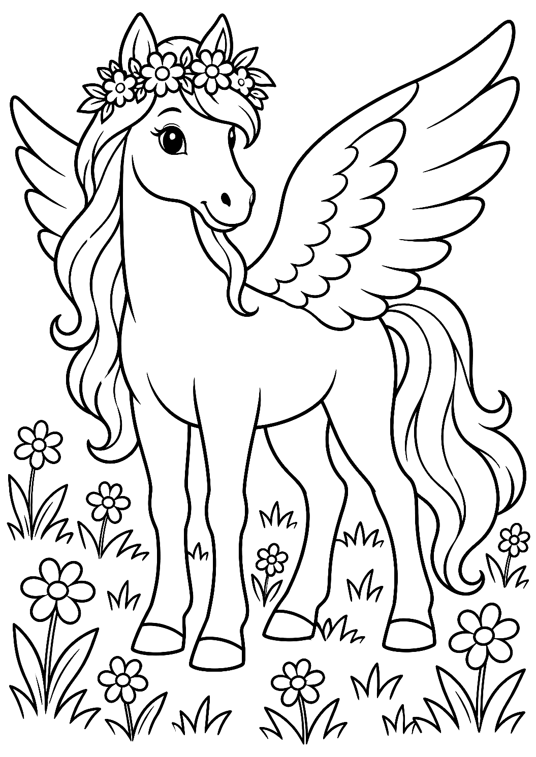Pegasus mit Blumenkranz im Haar als Malvorlage – Ausmalbild zum Ausdrucken