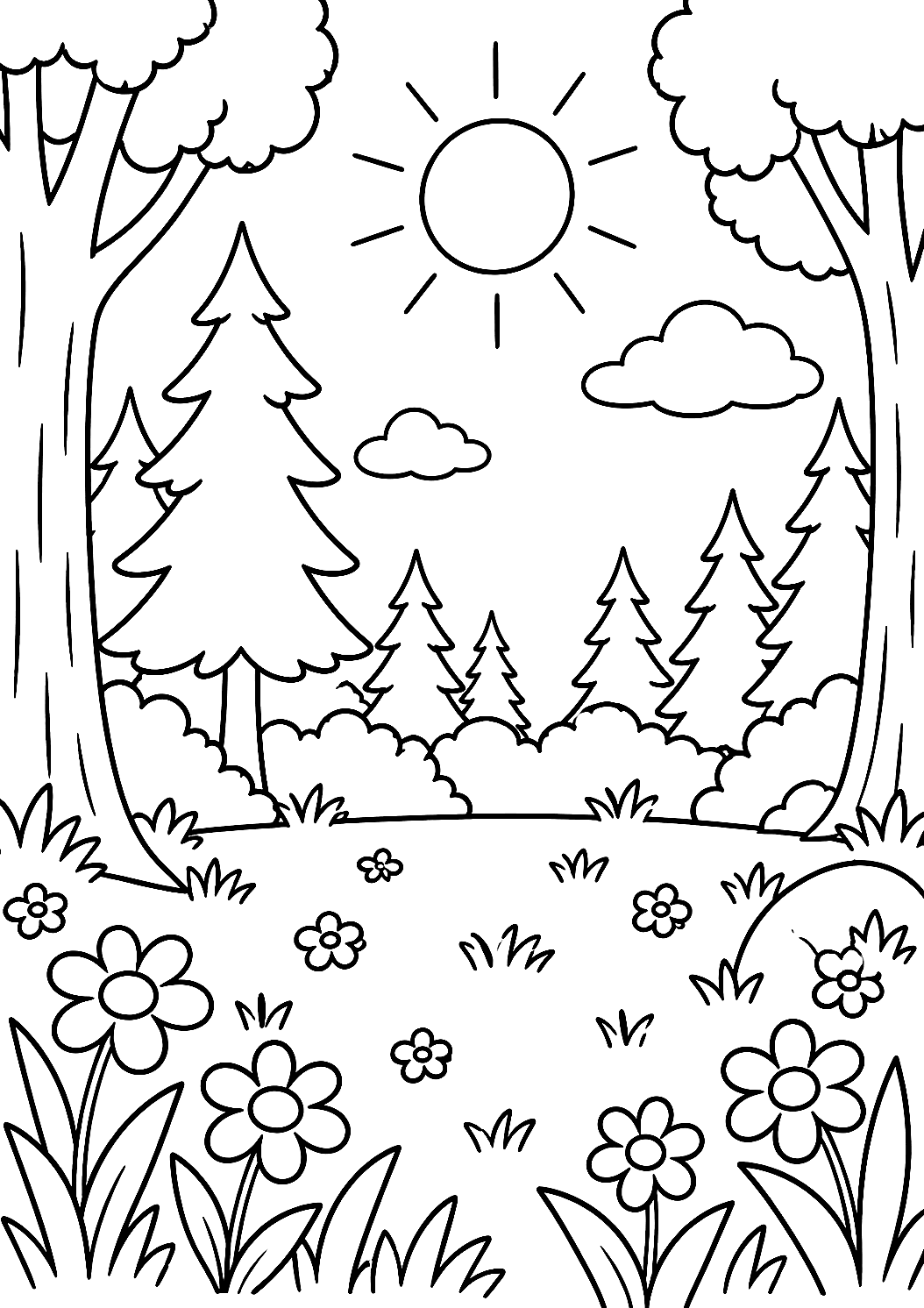 Radura nel bosco con prato fiorito da colorare – disegno da colorare da stampare