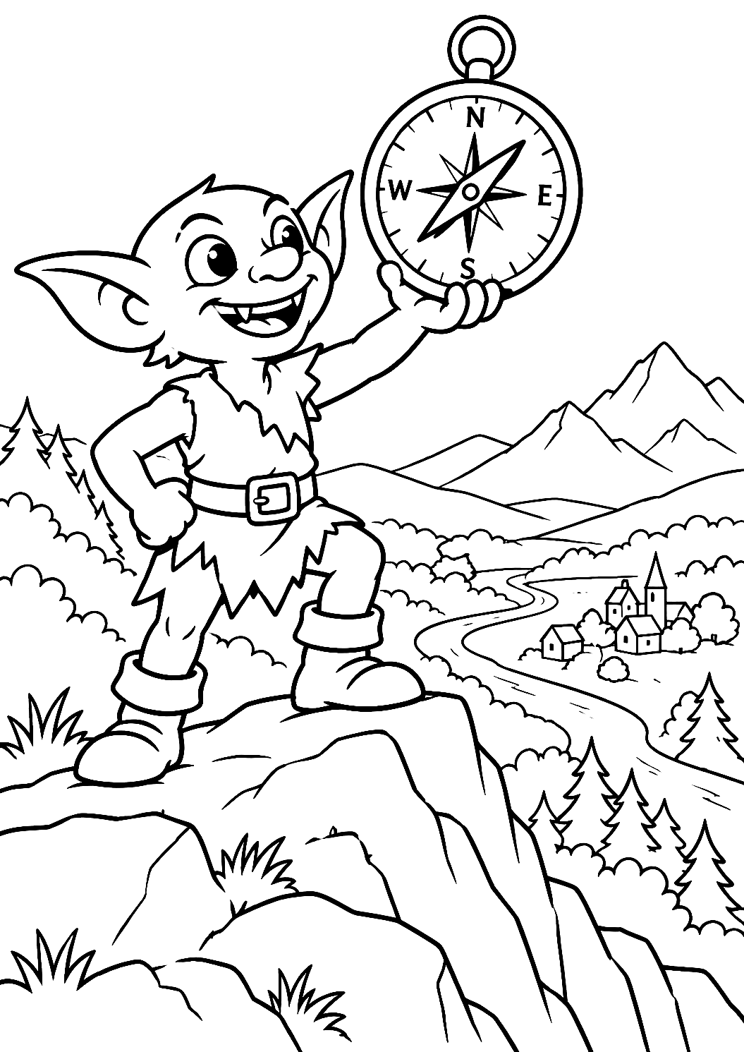 Goblin iránytűvel kifestőként – nyomtatható kifestő