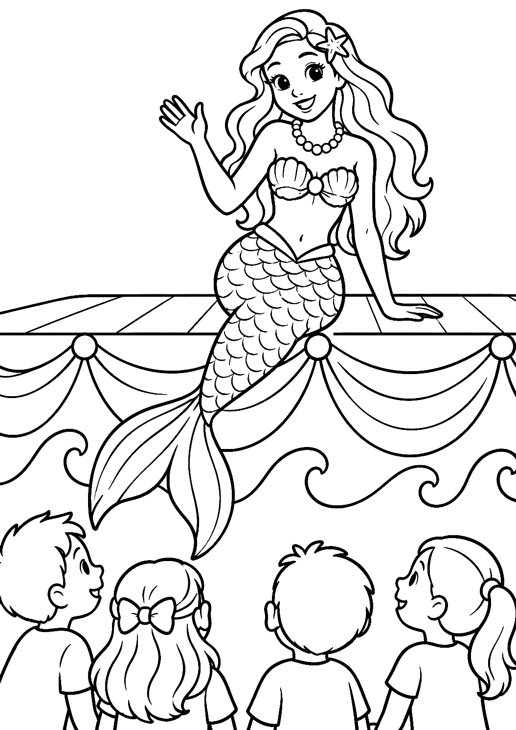 Atriz transformada em sereia à beira do palco para colorir – desenho para colorir para imprimir