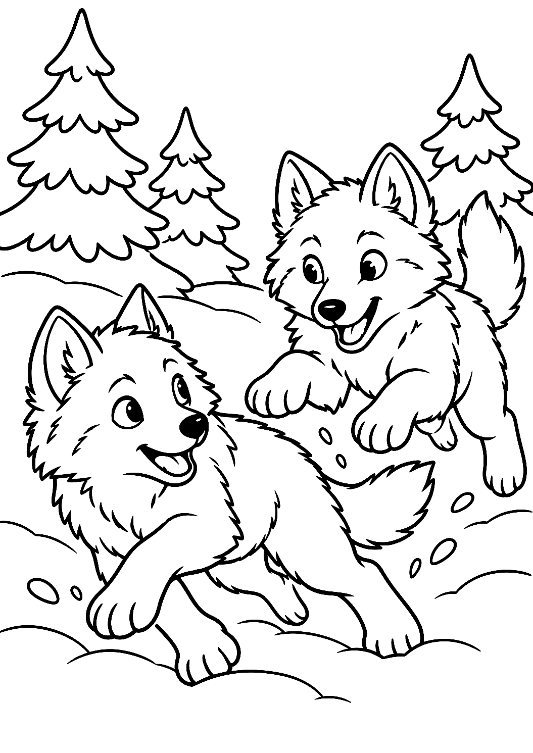 Zwei Wölfe spielen im Schnee als Malvorlage – Ausmalbild zum Ausdrucken