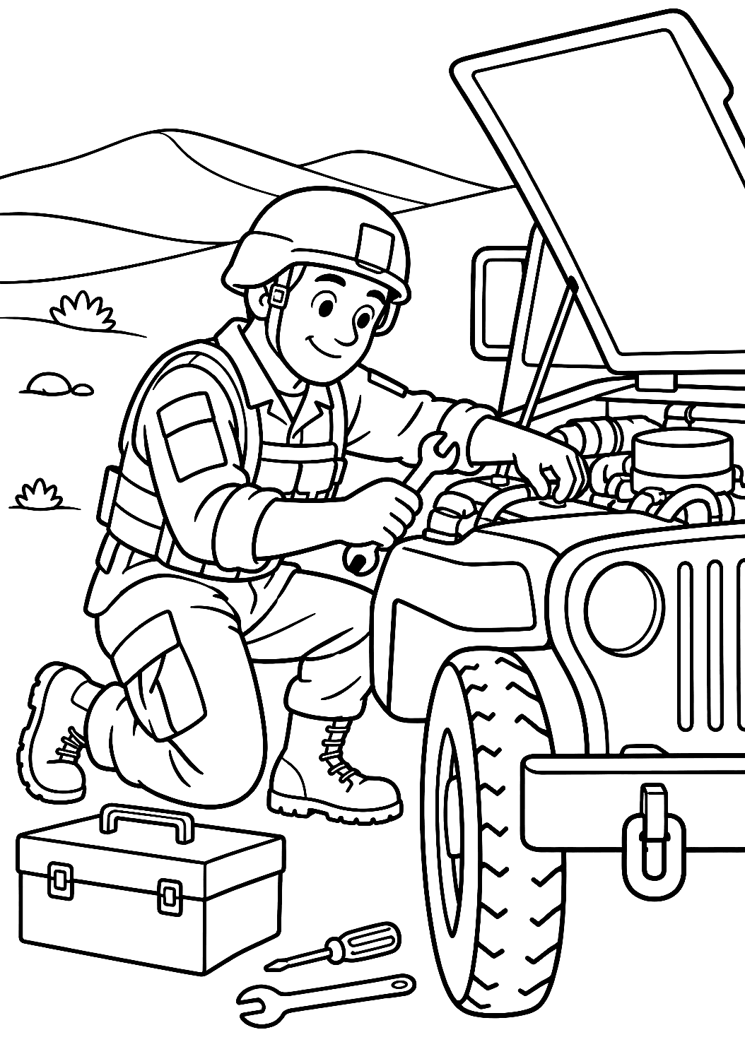 Soldado a reparar um jipe no deserto para colorir – desenho para colorir para imprimir