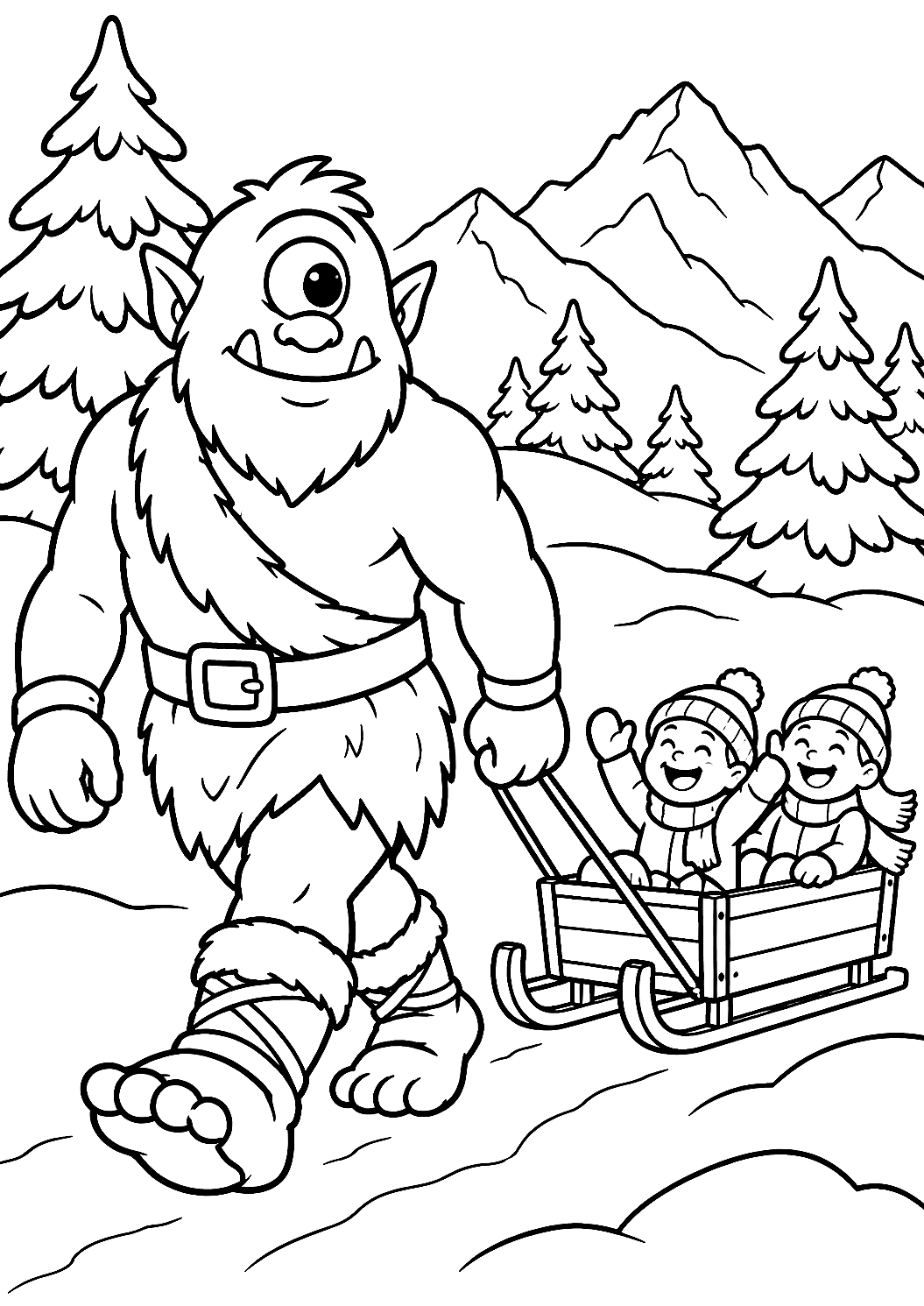 Ciclope nella Neve con Slitta da Colorare – disegno da colorare da stampare