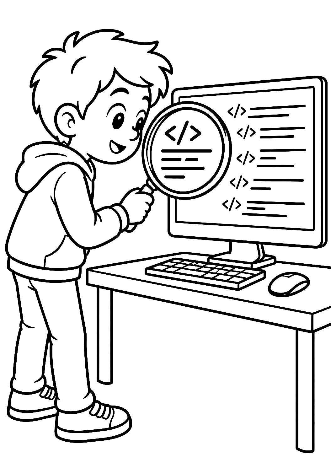 Programmiererin mit Lupe sucht einen Fehler im Code als Malvorlage – Ausmalbild zum Ausdrucken