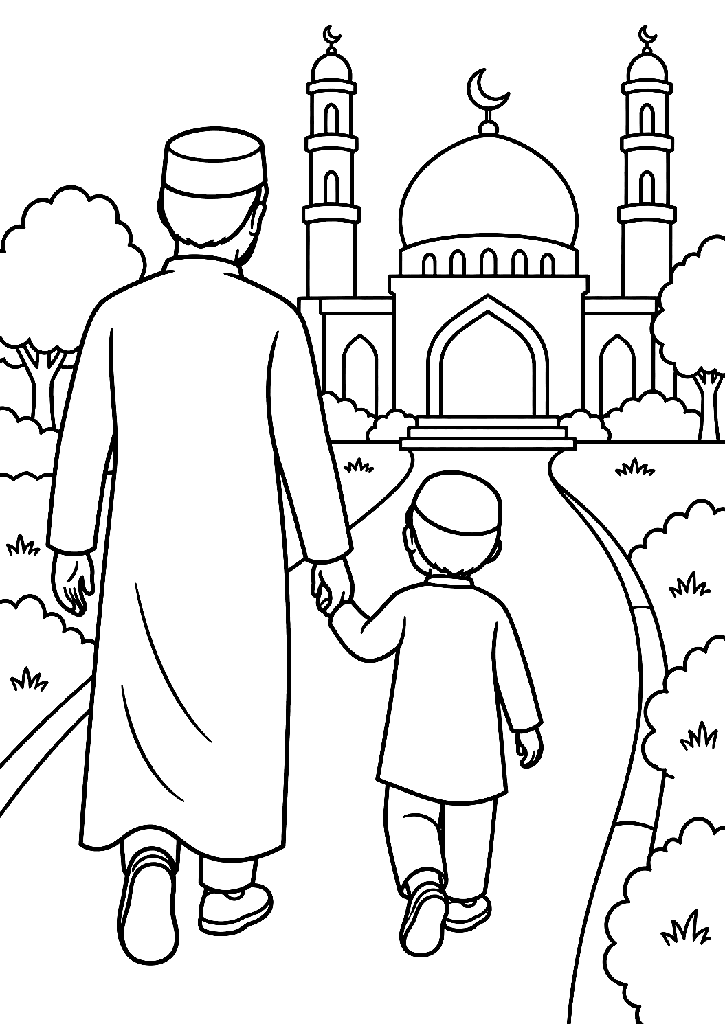 Father and Son on Their Way to the Mosque Coloring Page – printable coloring page