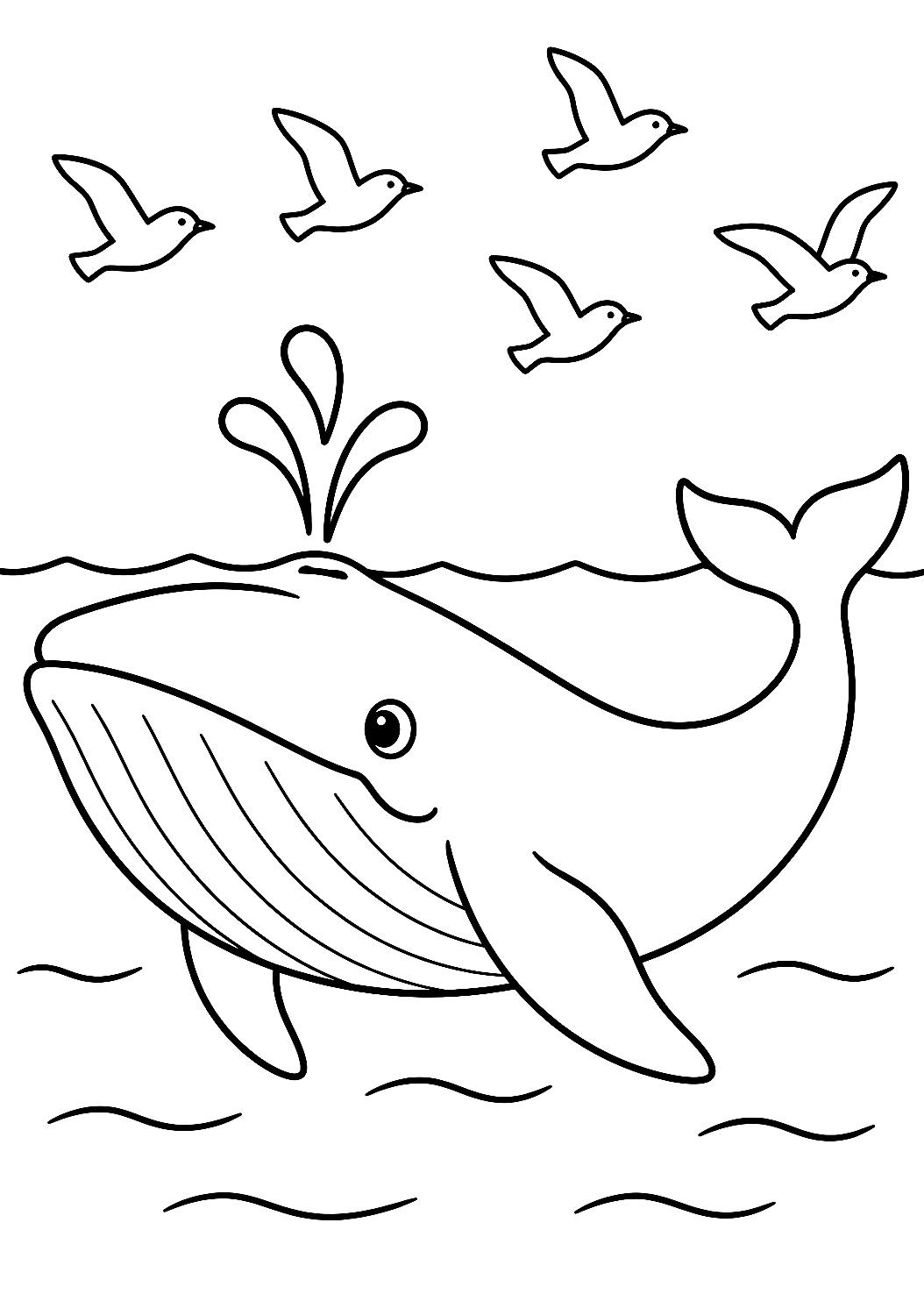 Disegno da colorare: balena con stormo di uccelli – disegno da colorare da stampare