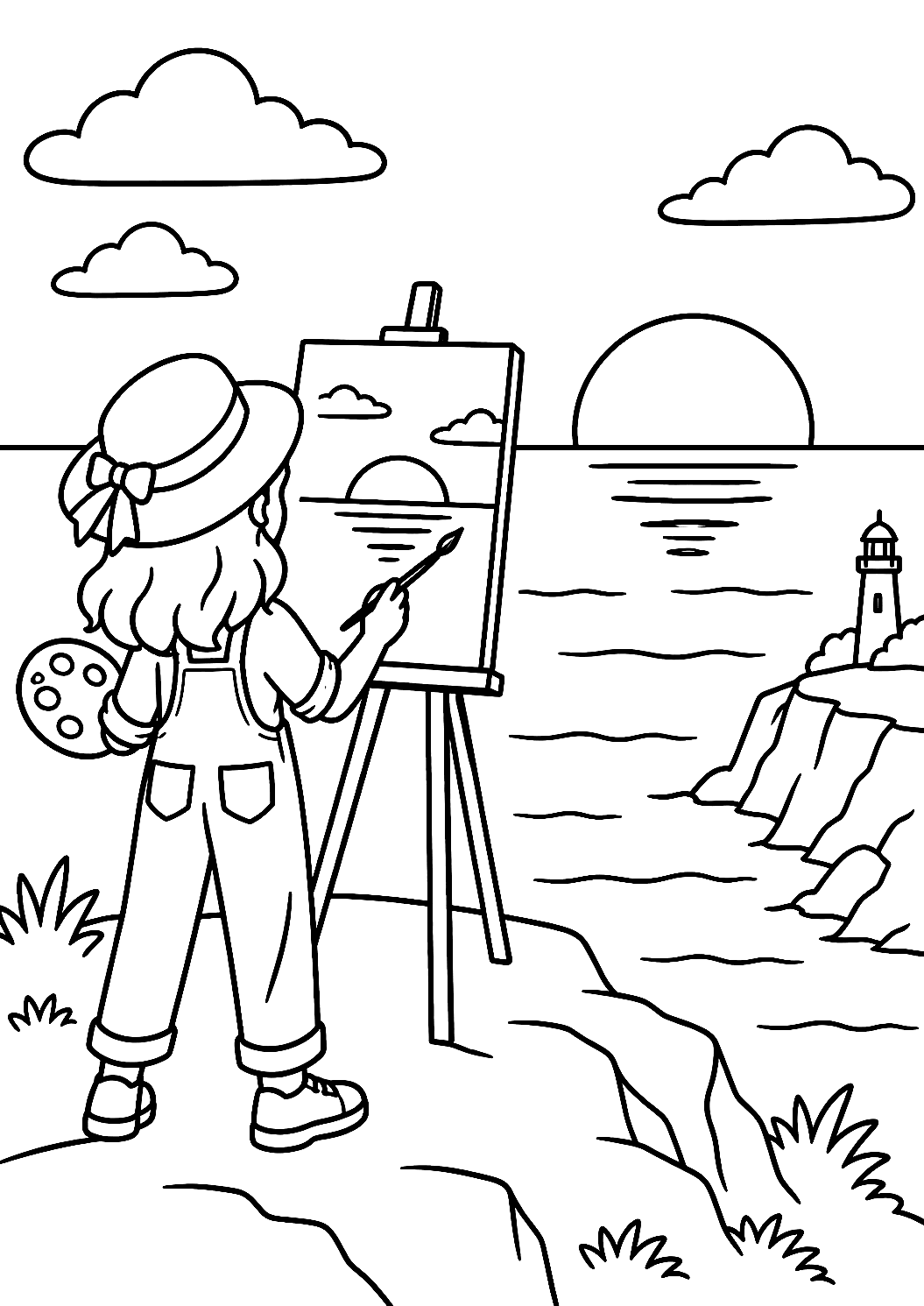 Artista che dipinge un tramonto sul mare da colorare – disegno da colorare da stampare