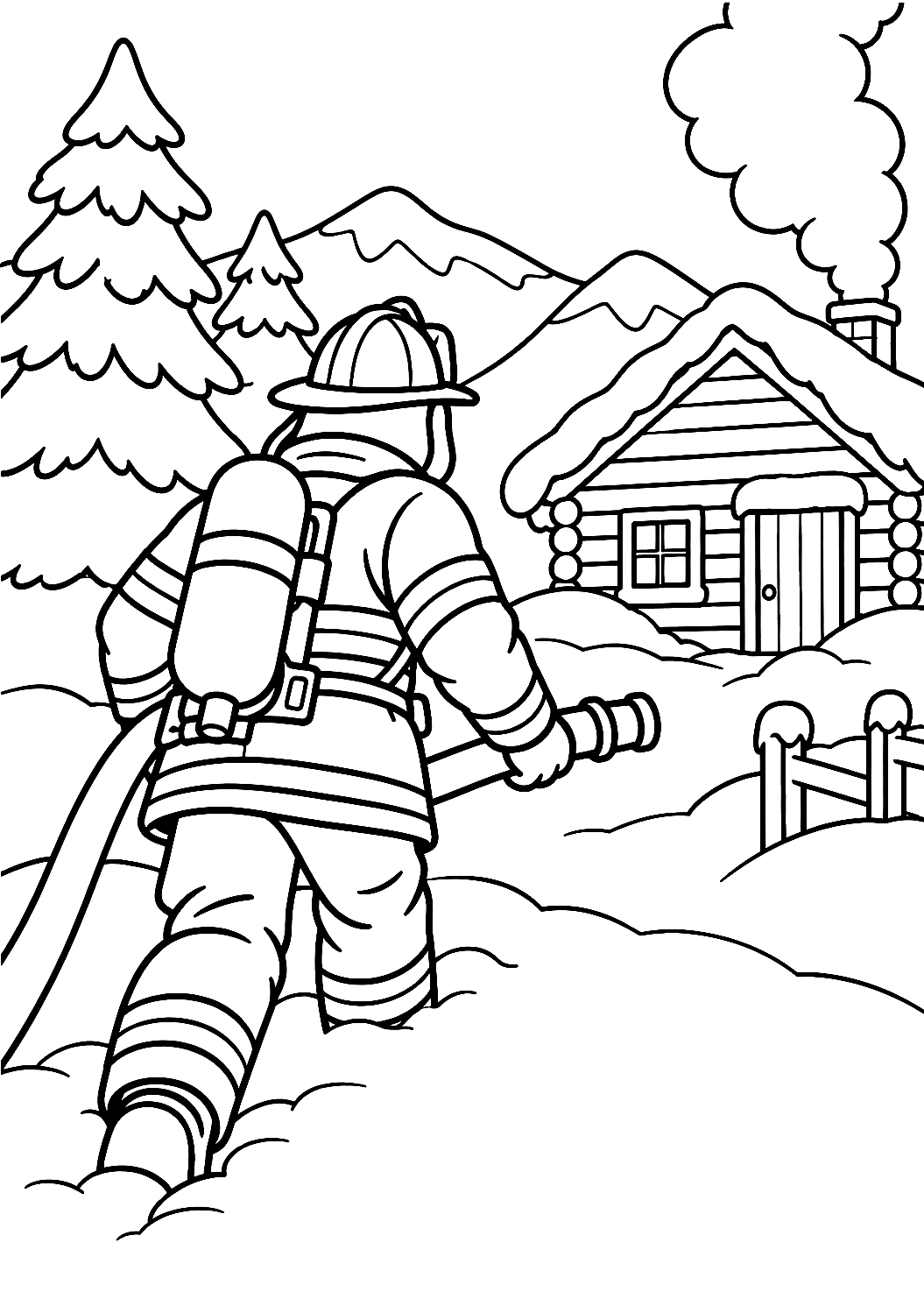 Firefighter in the Snow During a Winter Rescue Coloring Page – printable coloring page