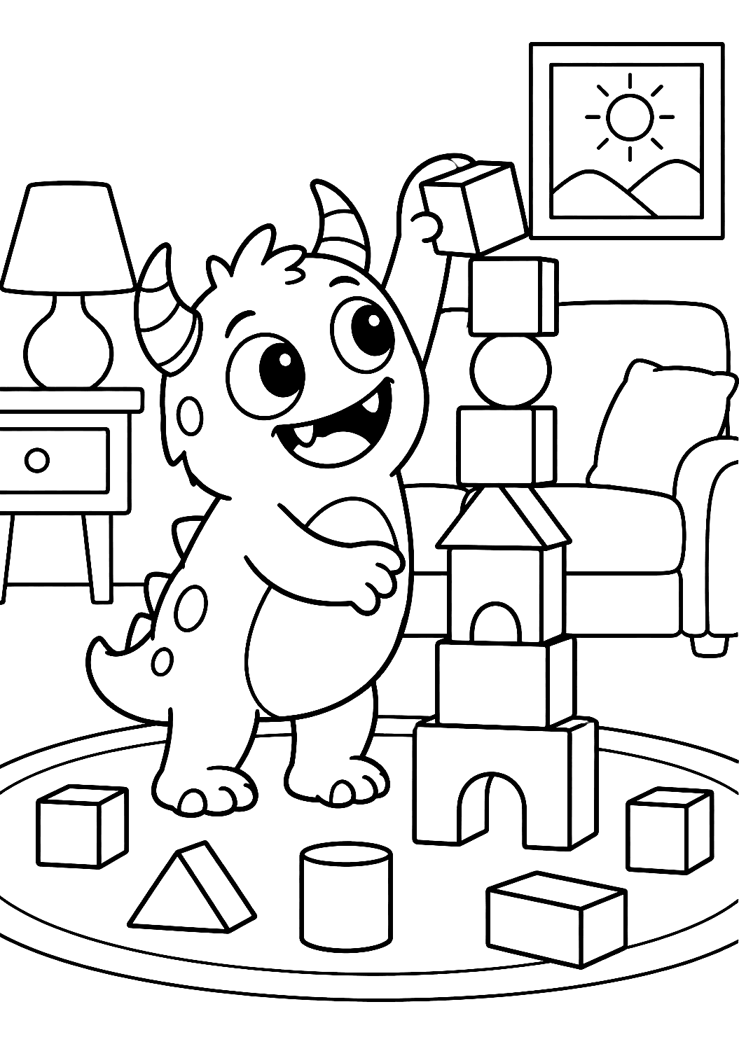 Un Monstre Construit une Tour de Blocs à Colorier – coloriage à imprimer