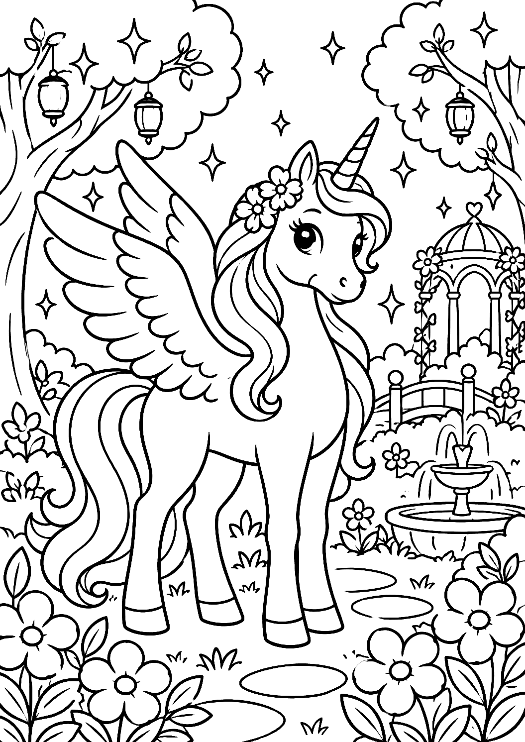 Unicorn with Wings in the Magic Garden Coloring Page – printable coloring page