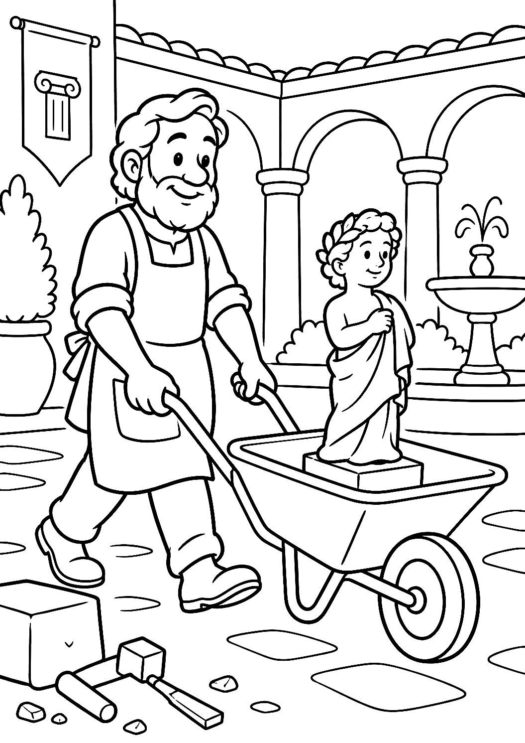 Scultore che Trasporta una Statua con la Carriola da Colorare – disegno da colorare da stampare