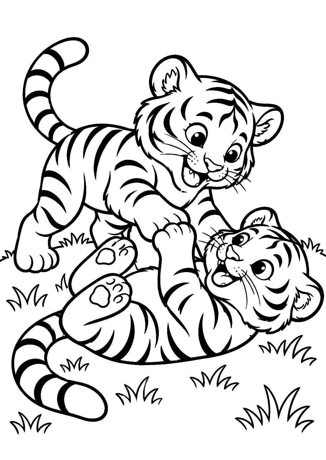 Zwei Tiger spielen miteinander als Malvorlage – Ausmalbild zum Ausdrucken